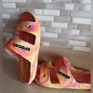 CROCS Women's Tie-Dye Double-Strap Slide Sandals in Pink, Orange & Yellow